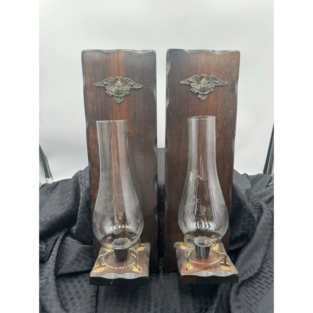 Pair Of Vintage Wooded Scones With Glass And American Eagle Design